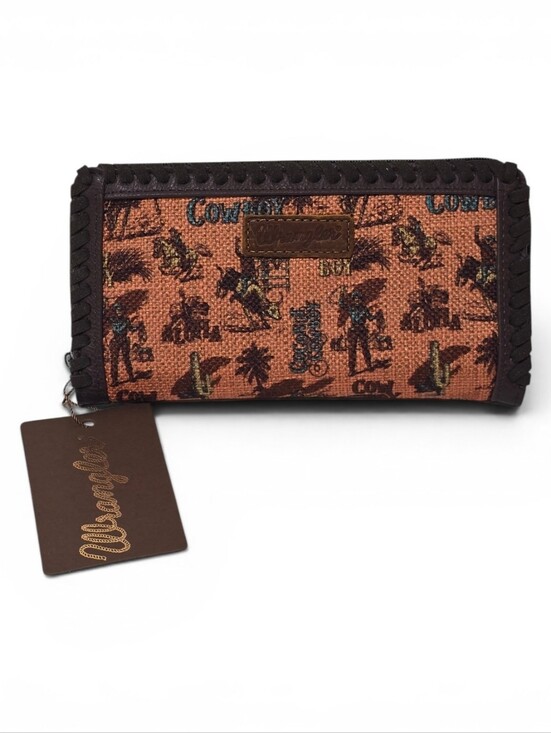Wrangler Handbags - Wrangler Orange Cowboy Print Wallet NWT Western Zip Around Clutch Retro Cowgirl